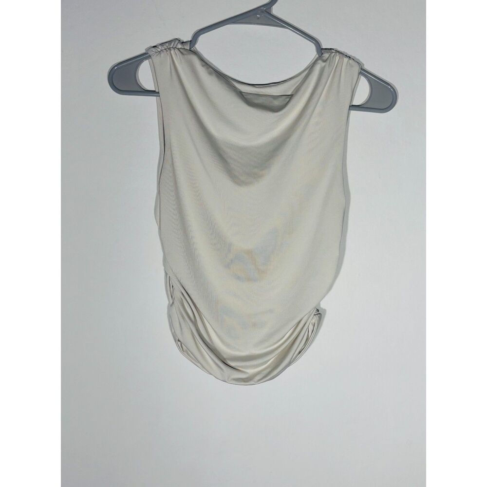 SHEIN Women’s Sleeveless Bodysuit Size M Beige Ruched Side Draped Neck Top